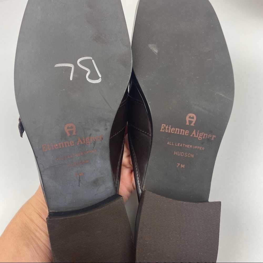 ETIENNE AIGNER Brown Croc‑Embossed Leather Mules Sz 7 1½" Heel Slip‑On Loafer - Picture 8 of 9
